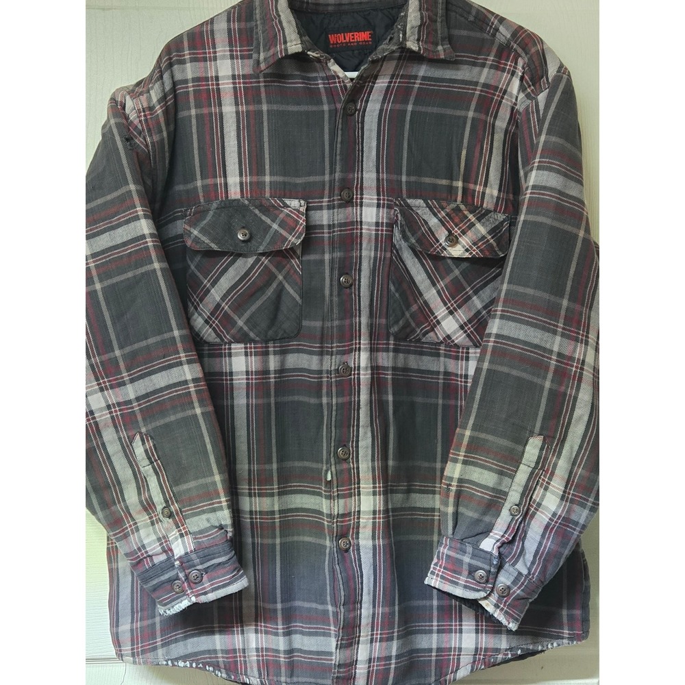 Wolverine Boots and Gear Quilted Flannel Shirt Jacket Plaid Grey Red Mens XL